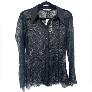 ZARA Black Lace Button-Up Blouse Women’s Large Sheer Long Sleeve Top